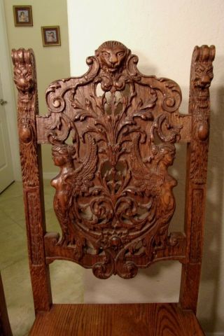 RARE Antique Woman Bust Royal High Back Lion Throne Chairs Hand Carved 5