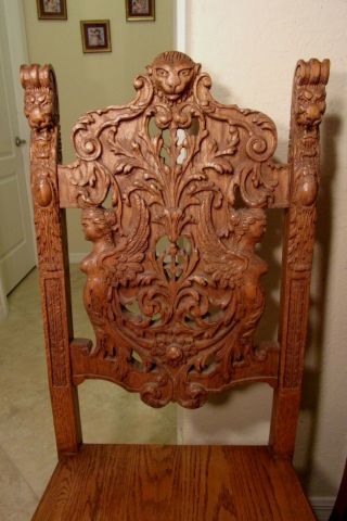 RARE Antique Woman Bust Royal High Back Lion Throne Chairs Hand Carved 6