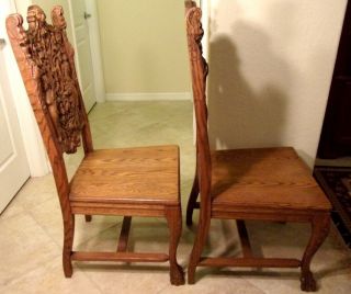 RARE Antique Woman Bust Royal High Back Lion Throne Chairs Hand Carved 9