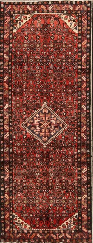 Vintage Geometric Wool Runner 4x9 Hamedan Persian Oriental Hand - Knotted Rug