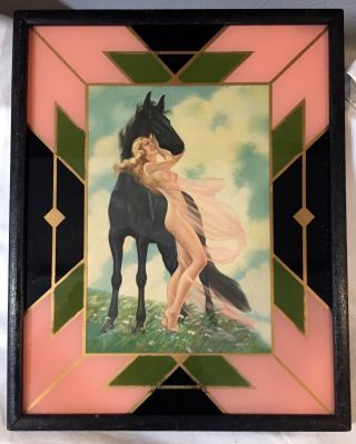 Vtg Irene Patten Nude Woman & Horse Pin - Up Print Reverse Painted Art Deco Frame