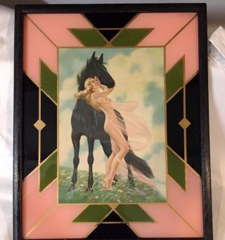 Vtg Irene Patten Nude Woman & Horse Pin - Up Print Reverse Painted Art Deco Frame 2