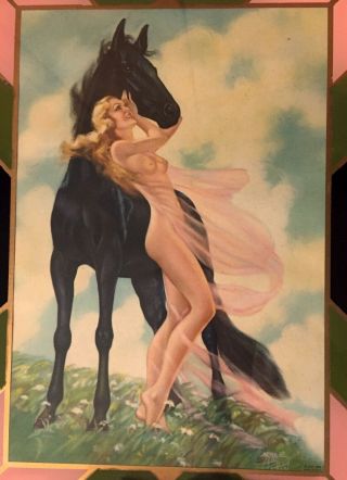 Vtg Irene Patten Nude Woman & Horse Pin - Up Print Reverse Painted Art Deco Frame 3