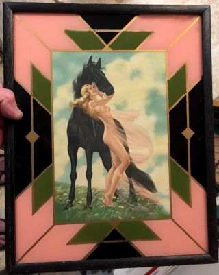 Vtg Irene Patten Nude Woman & Horse Pin - Up Print Reverse Painted Art Deco Frame 8