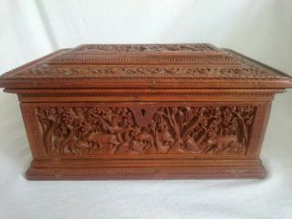 Antique Indian Carved Sandalwood Casket Box Deep Carved Animals Tiger Deer