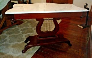 Gorgeous Vintage Mahogany Marble Top Sofa Hall Table Console Lyre Harp Base 6