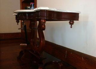 Gorgeous Vintage Mahogany Marble Top Sofa Hall Table Console Lyre Harp Base 7