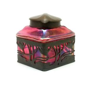 Art Nouveau Loetz Iridescent Red Glass With Bronze Overlay Inkwell - Marked