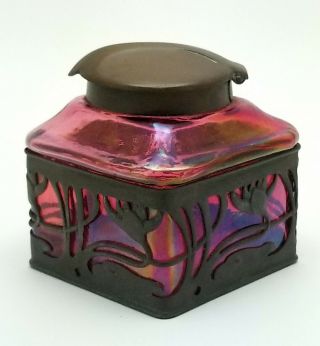 Art Nouveau Loetz Iridescent Red Glass with Bronze Overlay Inkwell - Marked 2