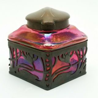 Art Nouveau Loetz Iridescent Red Glass with Bronze Overlay Inkwell - Marked 3