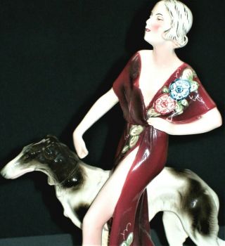 Antique German Art Deco Katzhutte Lady Flapper & Borzoi Dog Porcelain Figurine