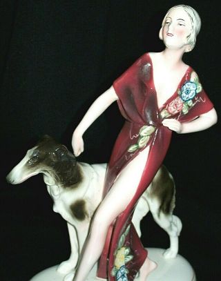 ANTIQUE GERMAN ART DECO KATZHUTTE LADY FLAPPER & BORZOI DOG PORCELAIN FIGURINE 2