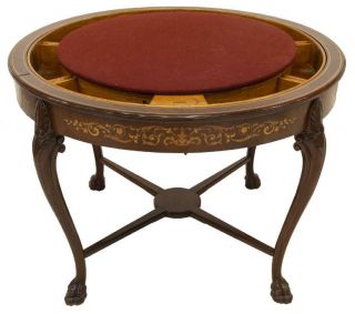 CONTINENTAL MARQUETRY REVOLVING TOP GAMES TABLE,  early 1900s 2