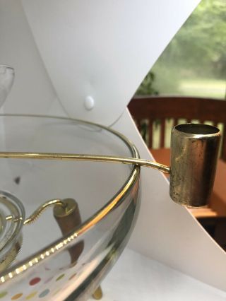 Mid Century Modern Atomic Glass Centerpiece Brass Teak Candle Chip Dip Bowl 12