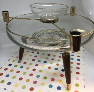 Mid Century Modern Atomic Glass Centerpiece Brass Teak Candle Chip Dip Bowl