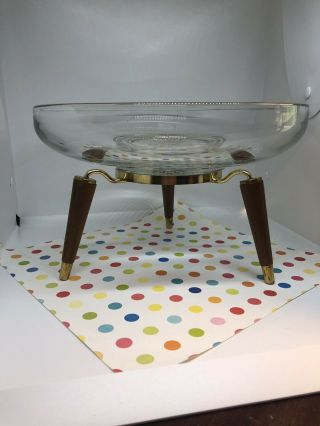 Mid Century Modern Atomic Glass Centerpiece Brass Teak Candle Chip Dip Bowl 2