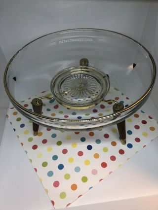Mid Century Modern Atomic Glass Centerpiece Brass Teak Candle Chip Dip Bowl 3