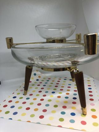 Mid Century Modern Atomic Glass Centerpiece Brass Teak Candle Chip Dip Bowl 4