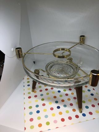 Mid Century Modern Atomic Glass Centerpiece Brass Teak Candle Chip Dip Bowl 5