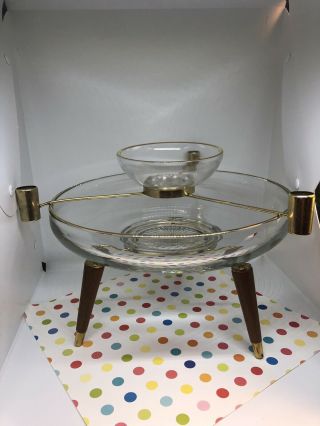 Mid Century Modern Atomic Glass Centerpiece Brass Teak Candle Chip Dip Bowl 6