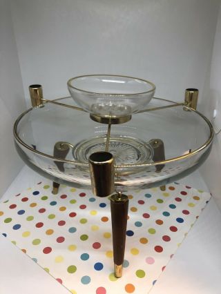 Mid Century Modern Atomic Glass Centerpiece Brass Teak Candle Chip Dip Bowl 7