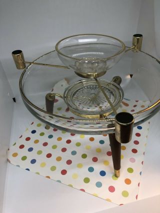 Mid Century Modern Atomic Glass Centerpiece Brass Teak Candle Chip Dip Bowl 8