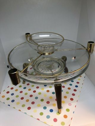 Mid Century Modern Atomic Glass Centerpiece Brass Teak Candle Chip Dip Bowl 9
