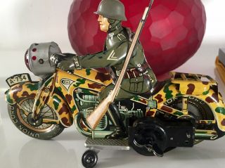 Cko/arnold Tin Clockwork Military Motorcycle,  1935,  Tin Toys Germany,  Rifle
