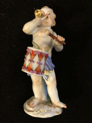 Meissen 19 C Porcelain Cherub Boy With Drum And Horn