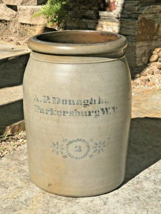 Antique A.  P.  Donaghho 2 Gallon Stoneware Crock Parkersburg W.  V