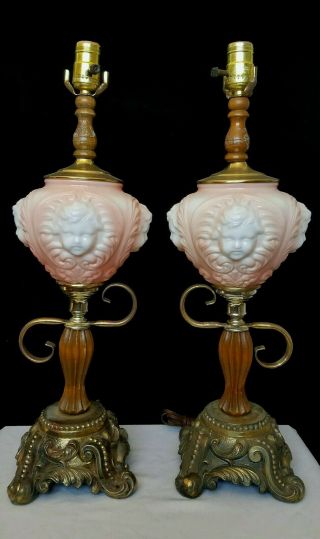 Vintage Pair Pink Milk Glass Globe Wood Lamps Cherub Faces