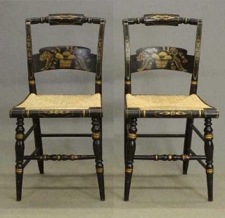 Hitchcock 2 Signed Pillow Back Stencilled Black - Rush Seat Side Chairs Exc.  Cond.