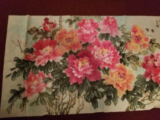 Large Chinese Watercolor Painting Of Peonies On Rice Paper 5