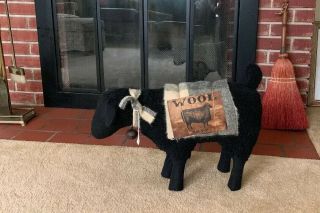 Primitive Grungy American Woolly Black Sheep Sculpture 23” Long