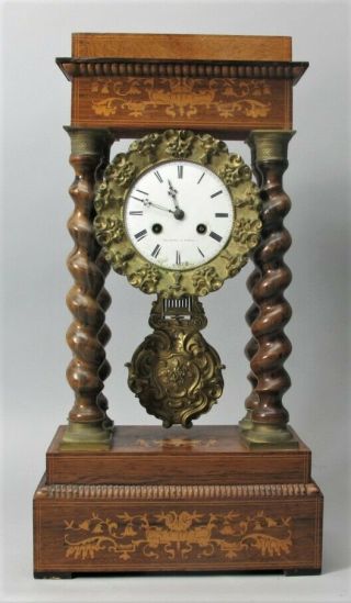 Gorgeous 20 " Antique French Empire Inlaid & Carved Rare Woods Clock C.  1870s