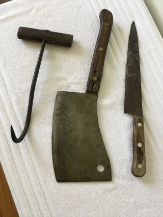 Antque Primitive Meat Hook,  Cleaver And Knife
