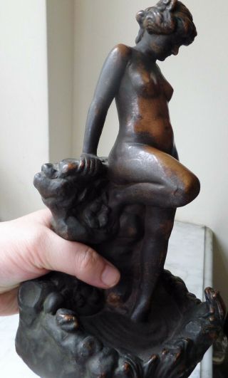 Antique KBW Kathodian Bronze Nude Lady Pond Frog Art Statue Bookend 1914 10