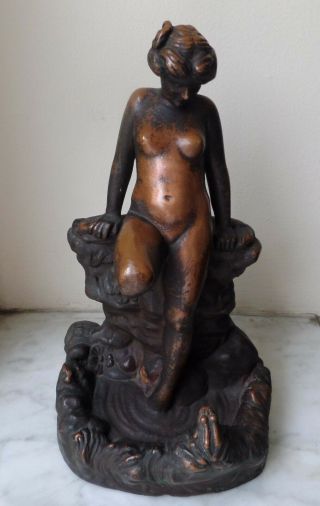 Antique Kbw Kathodian Bronze Nude Lady Pond Frog Art Statue Bookend 1914
