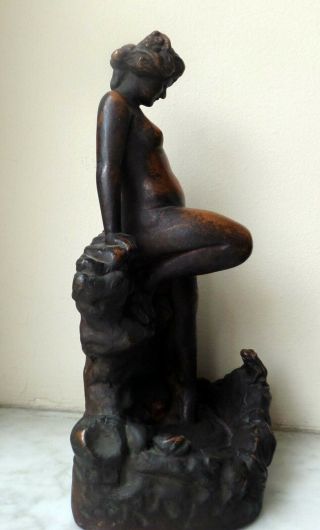 Antique KBW Kathodian Bronze Nude Lady Pond Frog Art Statue Bookend 1914 2