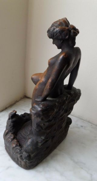 Antique KBW Kathodian Bronze Nude Lady Pond Frog Art Statue Bookend 1914 3