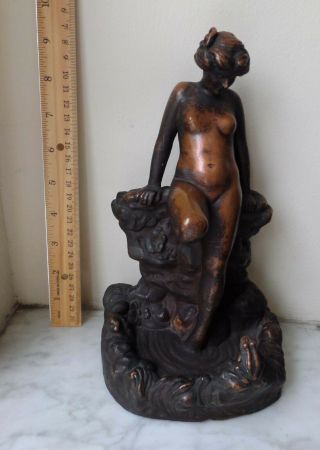 Antique KBW Kathodian Bronze Nude Lady Pond Frog Art Statue Bookend 1914 4