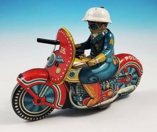 Vintage 1950s Hadson Sato Police Tin Litho Friction Motorcycle Toy Japan Pd55