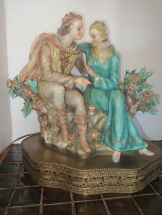 Romantic Couple 15 " Porcelain Figural Boudoir Lamp Lighted Brass Base Fairytale
