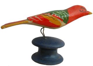 Aafa 1900s Small Antique Folk Art Hand Carved Polychrome Painted Bird