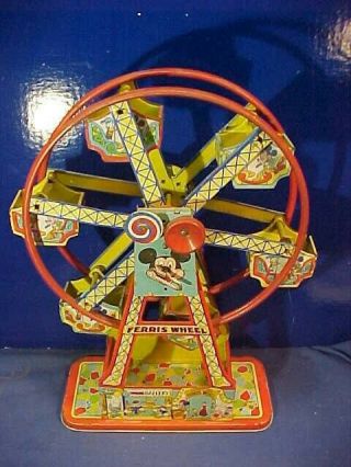1950s Disneyland Mickey Mouse Wind Up Tin Toy Ferris Wheel By J.  Chein