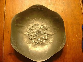 Wonderful Antique Kayserzinn Art Nouveau Pewter Bowl W/lily & Dragonfly Motifs