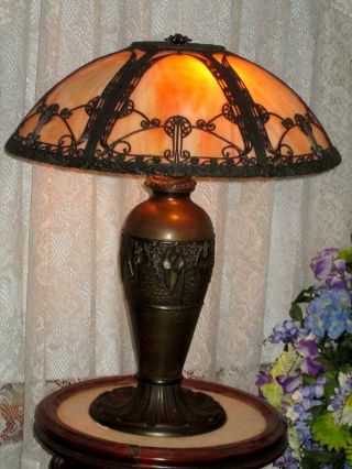 Antique Miller 269 Slag Glass 6 Panel Electric Table Lamp