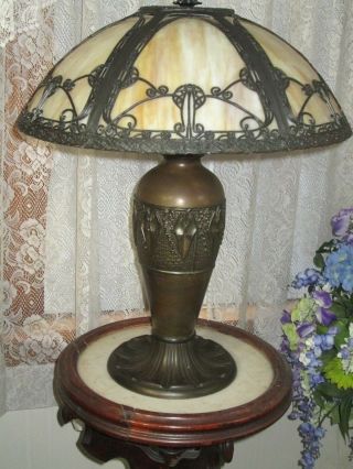 ANTIQUE MILLER 269 SLAG GLASS 6 PANEL ELECTRIC TABLE LAMP 2