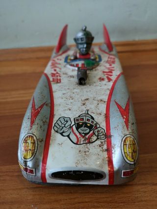 Vintage Japan Fiction Tin Toy Car.  Aoshin.  Silver Masked Kamen Ultra Man.  Speed