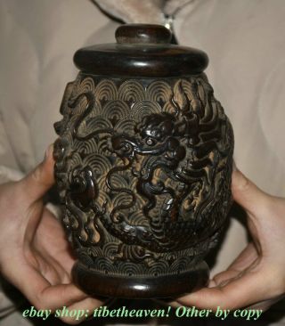 6.  8 " Old China Wood Carving Dynasty Palace Dragon Tea Canister Tea Caddy Tank